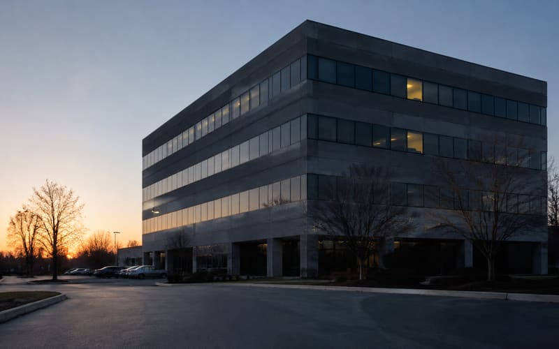 Single office building at dawn with lights on in a few windows and an empty forecourt