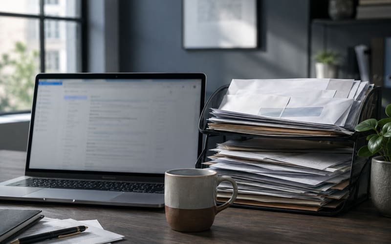 Laptop on a property management desk with an overflowing paper inbox tray beside it