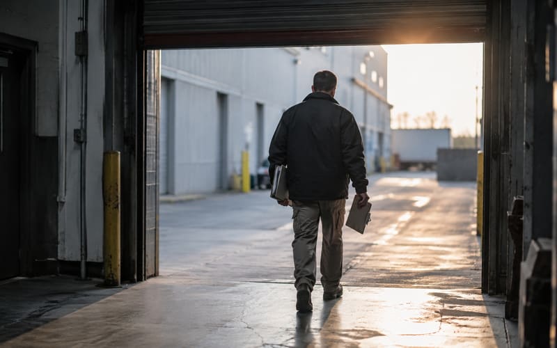 Contractor entering a commercial building loading dock with paperwork under one arm