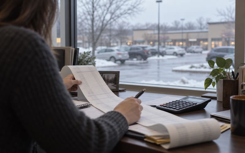 Property accountant reviewing an expense ledger printout with a calculator beside a window overlooking a retail plaza
