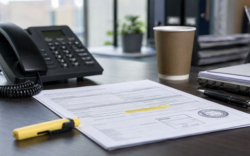 Desk phone and a printed insurance certificate with a highlighted expiry date