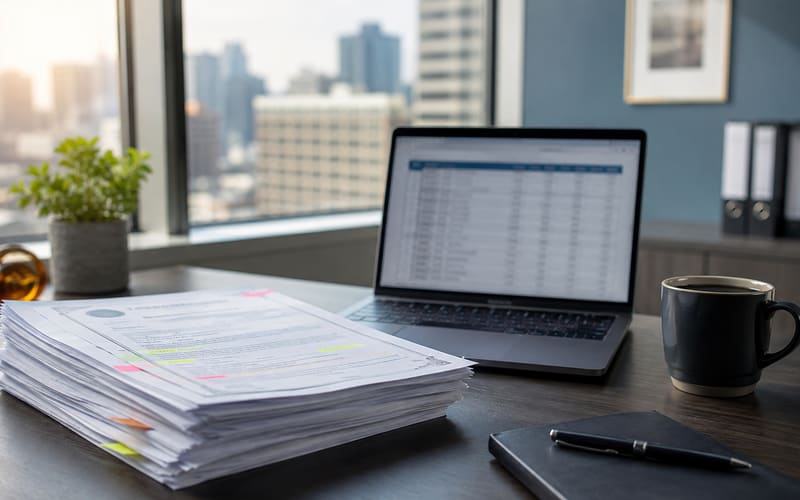 Stack of insurance certificates on a property management desk beside an open laptop