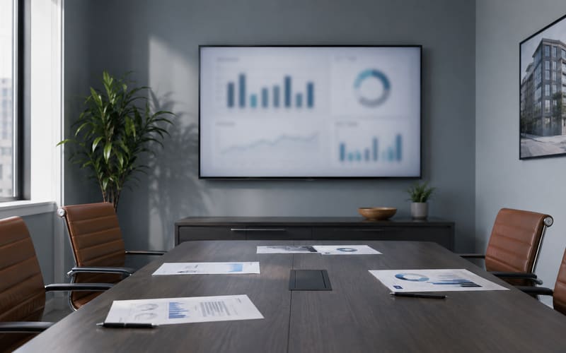 Wall-mounted screen in a property management office showing blurred charts above a meeting table
