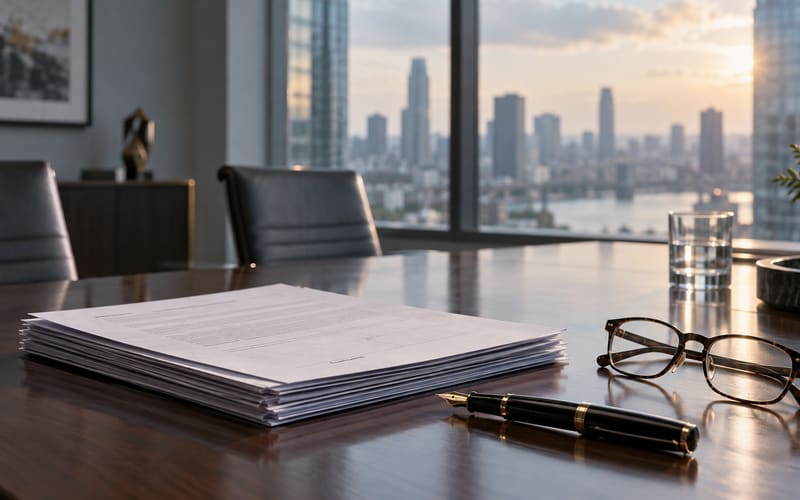 Signed lease documents and a pen on a conference table in a commercial office, with a city view through the window