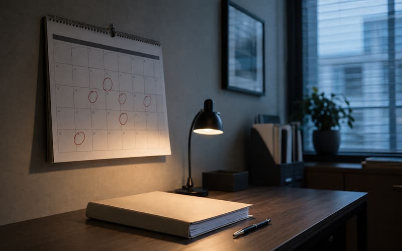 Wall calendar in a property office with several dates circled and a lease folder beneath it
