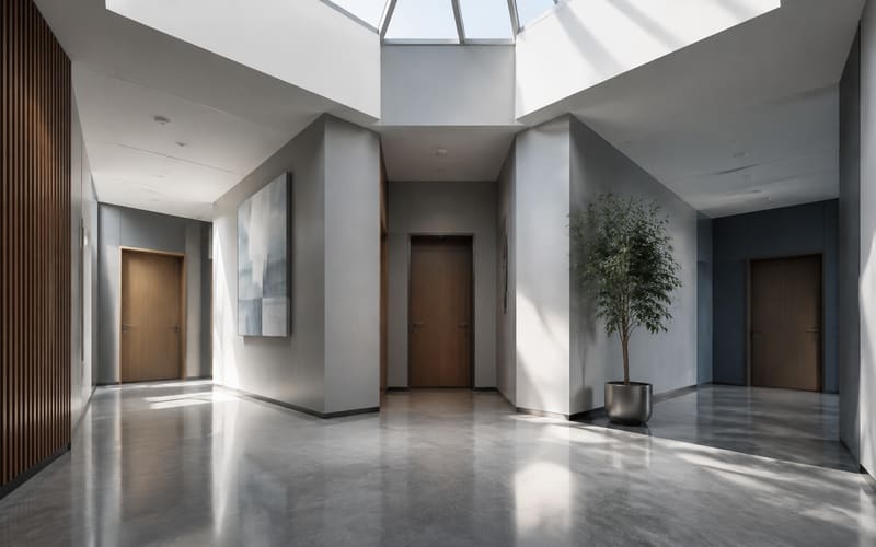 Three-way junction in a bright office corridor with doors leading in different directions