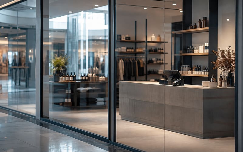 Retail storefront interior seen from the concourse with a point-of-sale counter and empty shelves