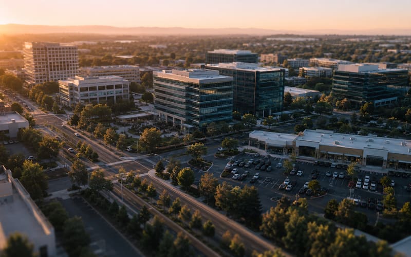 Aerial view of several commercial office buildings and a retail center in the same district