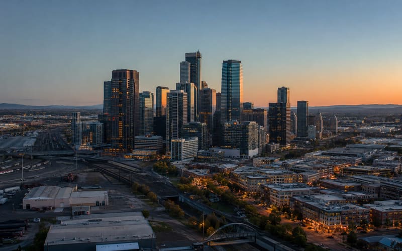 Wide view of a city skyline with office, retail, and industrial buildings under a clear evening sky