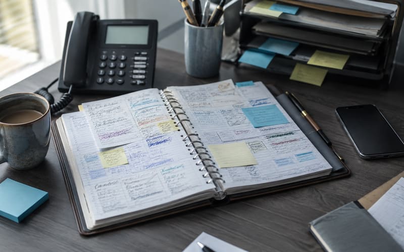 Property manager's desk with a paper planner, sticky notes, and two phones