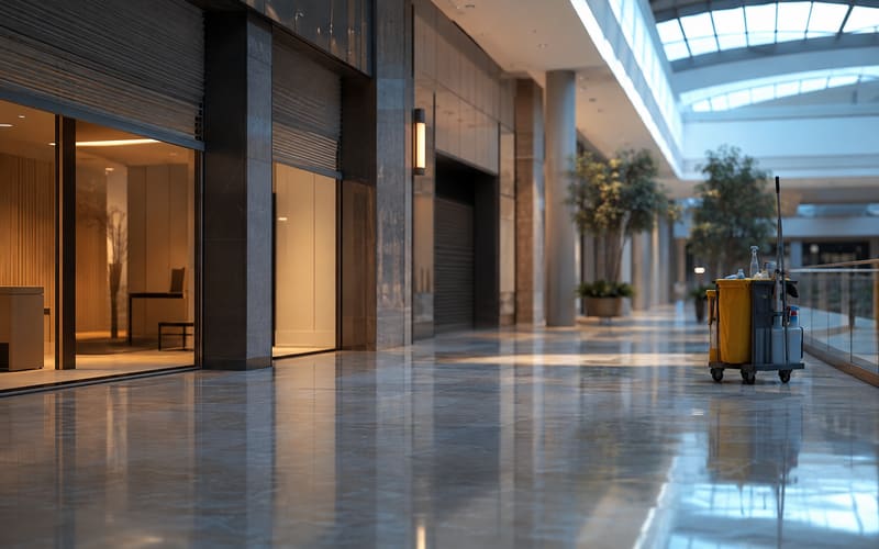 Empty shopping mall concourse at opening time with storefront shutters half raised