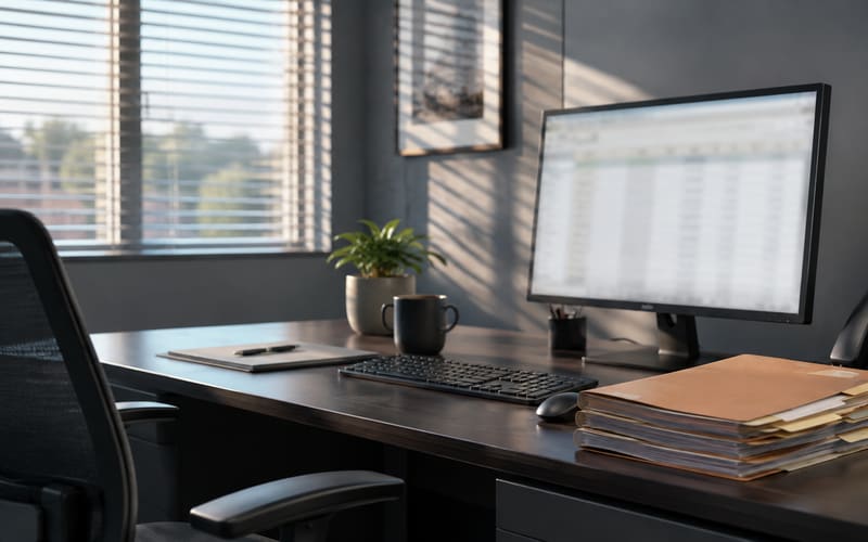 Empty desk in a lease administration office with a monitor showing a blurred rent roll