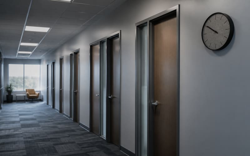 Wall clock above a row of closed office suite doors in a quiet corridor