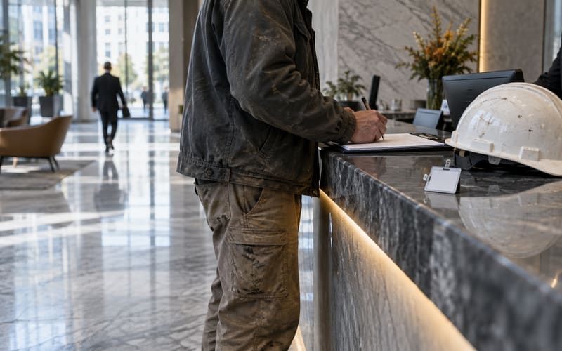 Contractor signing in at a commercial building's security desk with a visitor badge and a hard hat on the counter